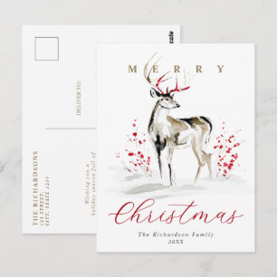 Carte Postale Noël Cerf & Baies Rouges Aquarelle Rustique