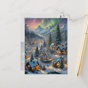 Carte Postale Noël dans un village de montagne, lumières polaire