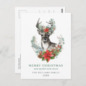 Carte Postale Noël Deer Poinsettia Salutation vacances (Devant / Derrière)