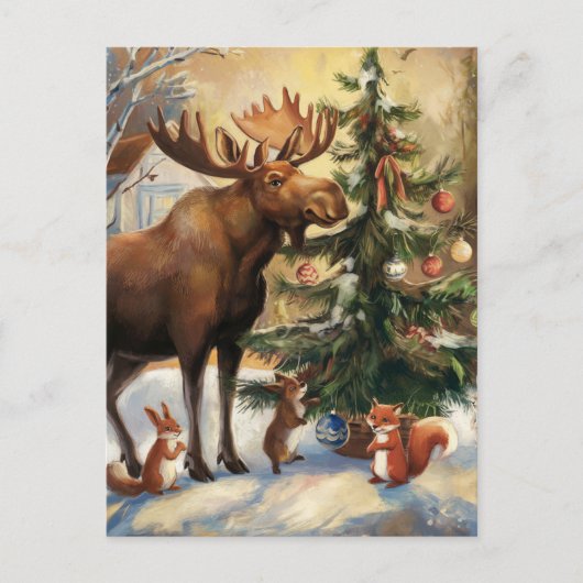 Carte Postale Noël des orignaux et des écureuils (Devant)
