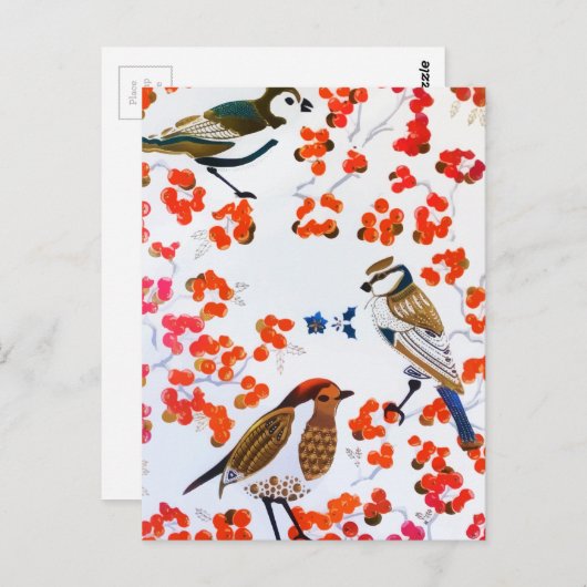 Carte Postale Noël doré Hiver Oiseaux Houx Baies Branches (Devant / Derrière)