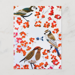 Carte Postale Noël doré Hiver Oiseaux Houx Baies Branches