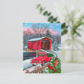Carte Postale Noël du camion rouge à l'aquarelle rustique (Debout devant)