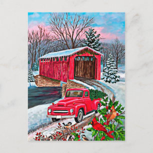 Carte Postale Noël du camion rouge à l'aquarelle rustique
