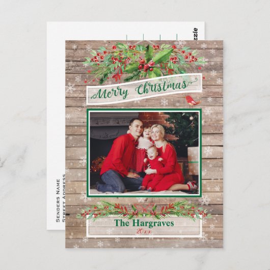 Carte Postale Noël en bois Rustique Holly Snowflake Famille (Devant / Derrière)