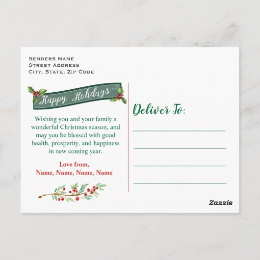 Carte Postale Noël en bois Rustique Holly Snowflake Famille (Dos)