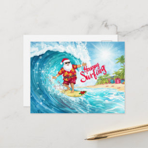 Carte Postale Noël en surf avec PÈRE NOËL