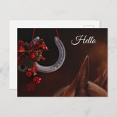 Carte Postale Noël équestre pendre en fer à cheval Photo Bonjour (Devant / Derrière)