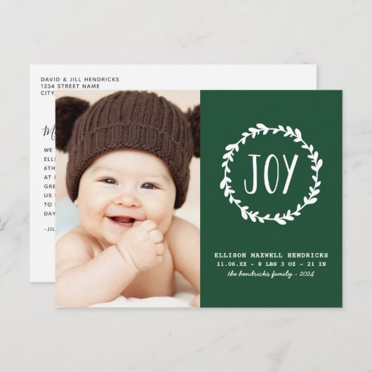 Carte Postale Noël Faire-part de naissance vert (Devant / Derrière)