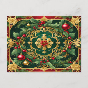 Carte Postale Noël Férié Rouge Or Vert Décoratif