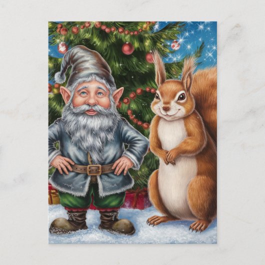 Carte Postale Noël Festif Gnome et Écureuil (Devant)