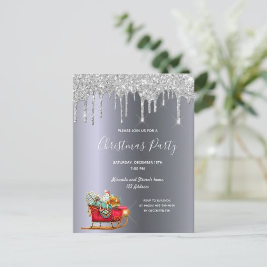 Carte Postale Noël fête argent parties scintillant traîneau invi (Debout devant)