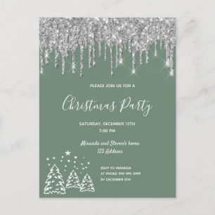 Carte Postale Noël fête verte parties scintillant argent invitat