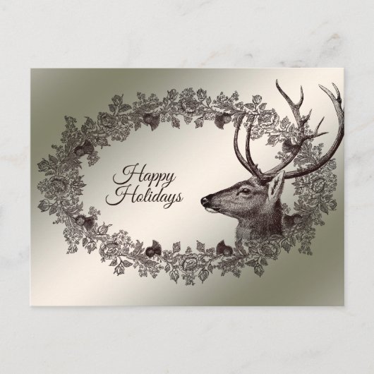 Carte Postale Noël Fleurs Renne Doré Hiver (Devant)