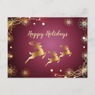 Carte Postale Noël Gold Reindees Red Pink vacances d'hiver