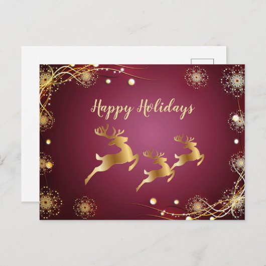 Carte Postale Noël Gold Reindees Red Pink vacances d'hiver (Devant / Derrière)