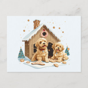 Carte Postale Noël Golden Retriever Dogs Gingerbread House