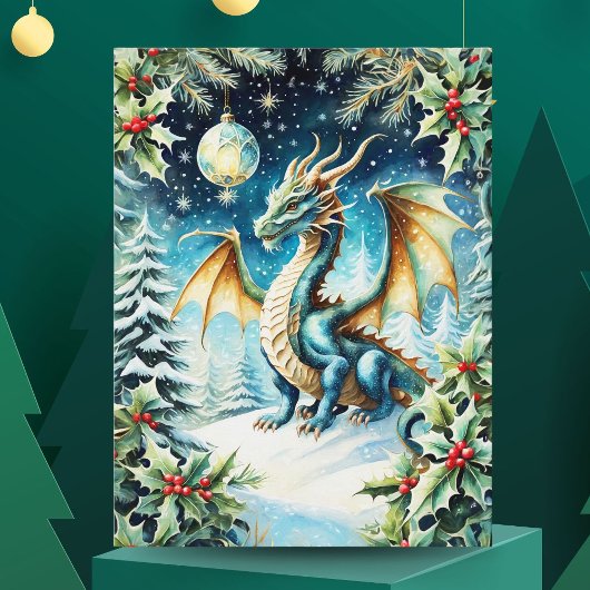 Carte Postale Noël Magique Dragon Avec Holly