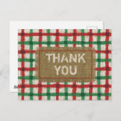 Carte Postale Noël Merci carreau de burlap rustique rouge et ver (Devant / Derrière)