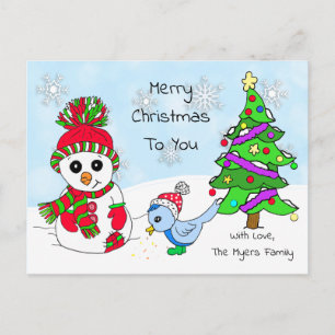 Carte Postale Noël mignon et blanc Snowman et Bird