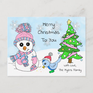 Carte Postale Noël mignon et blanc Snowman et Bird