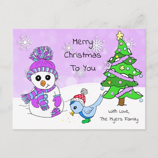 Carte Postale Noël mignon et blanc Snowman et Bird (Devant)