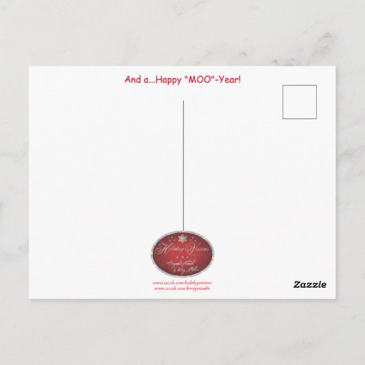 Carte Postale Noël "MOO-ey", vache longhorne (Dos)