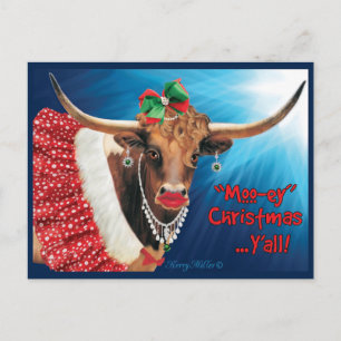 Carte Postale Noël "MOO-ey", vache longhorne