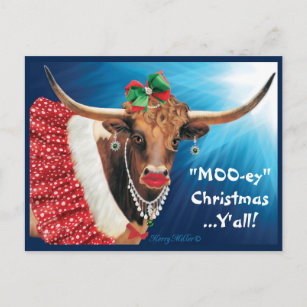 Carte Postale Noël "MOO-ey", vache longhorne