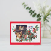 Carte Postale Noël, Noël Kitten et Petit Oiseau (Debout devant)