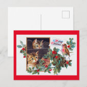 Carte Postale Noël, Noël Kitten et Petit Oiseau (Devant / Derrière)