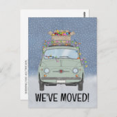 Carte Postale Noël Nous avons déménagé Voiture verte avec lumièr (Devant / Derrière)