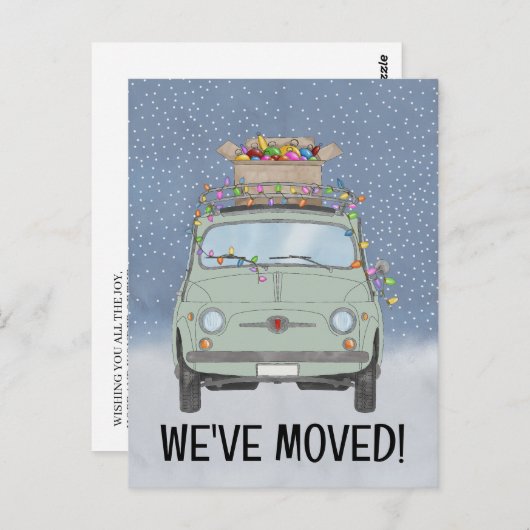Carte Postale Noël Nous avons déménagé Voiture verte avec lumièr (Devant / Derrière)