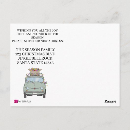 Carte Postale Noël Nous avons déménagé Voiture verte avec lumièr (Dos)