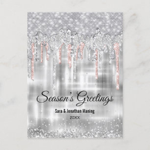 Carte Postale Noël nouvel an argent rose or parties scintillant 