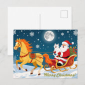 Carte Postale Noël, Nouvel An, Cheval Rouge, Père Noël & Chat Bl (Devant / Derrière)