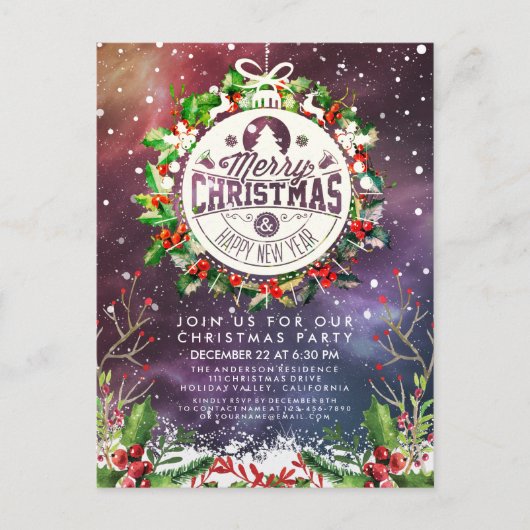 Carte Postale Noël Nouvel An Fête de Vacances Holly Wreath neige (Devant)