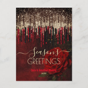 Carte Postale Noël Nouvel An Fleur rouge or parties scintillant 