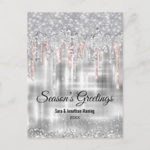 Carte Postale Noël nouvel an rose argent or paillettes gouttes