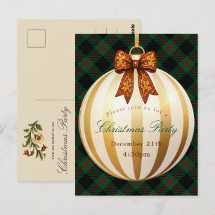 Carte Postale Noël Party Tartan Vert Carreaux Vintage Nœud