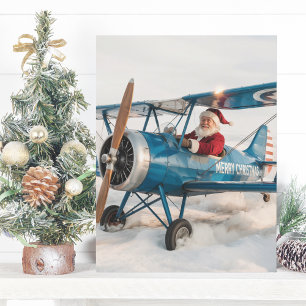 Carte Postale Noël Père Noël Blue Biplane Avion & Photo Drôle
