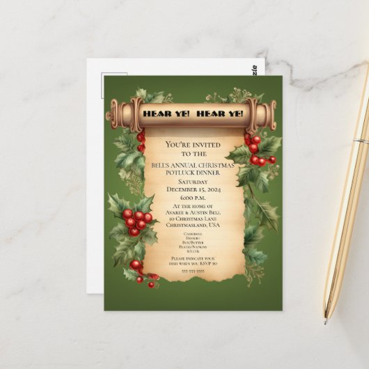 Carte Postale Noël Potluck Dîner Old World Scroll Invitat (Devant/Arrière en situation)