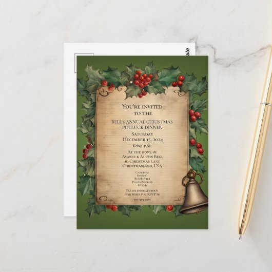 Carte Postale Noël Potluck Dîner Old World Scroll Invitat (Devant/Arrière en situation)