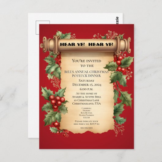 Carte Postale Noël Potluck Dîner Old World Scroll Invitat (Devant / Derrière)