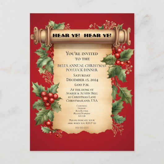 Carte Postale Noël Potluck Dîner Old World Scroll Invitat (Devant)
