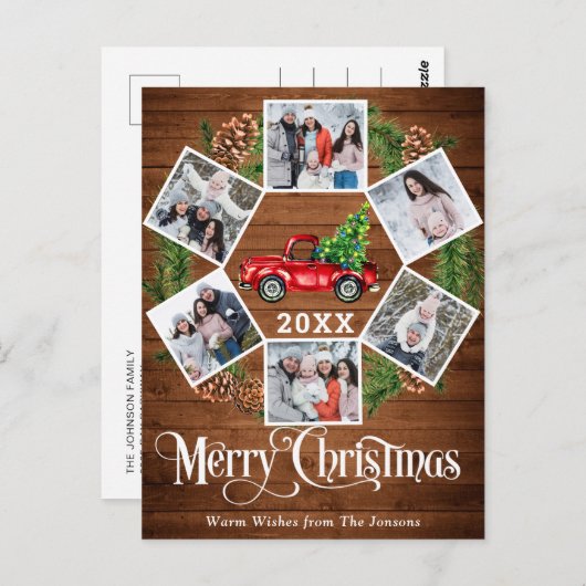 Carte Postale Noël Retro Camion de ferme rouge Salutation 6 Phot (Devant / Derrière)