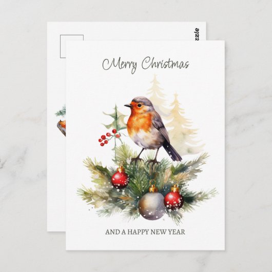 Carte Postale Noël Robin Pine Baubles (Devant / Derrière)