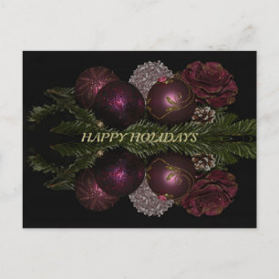 Carte Postale Noël rose rouge ornements vert Feuille noir