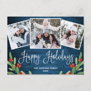 Carte Postale Noël Rustic Wood 3 PHOTO Salutation Holiday