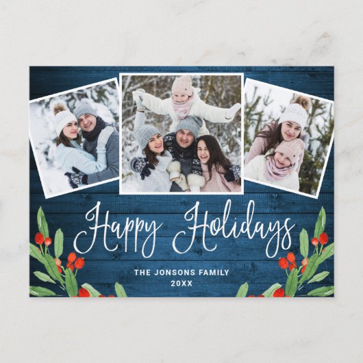 Carte Postale Noël Rustic Wood 3 PHOTO Salutation Holiday (Devant)